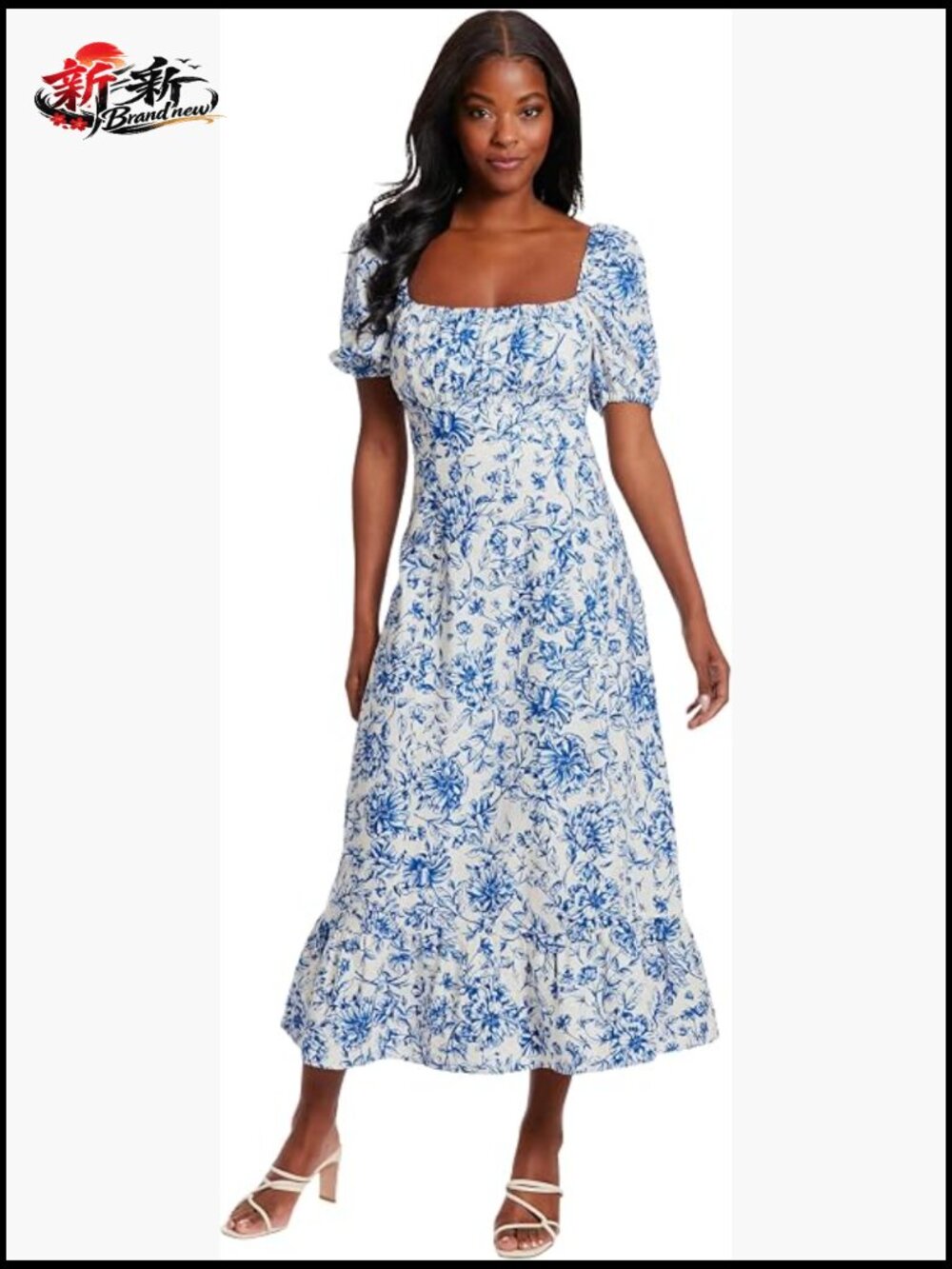 Fitted Midi Floral Dress, Smocked Back Linen Blend with Puff Sleeves